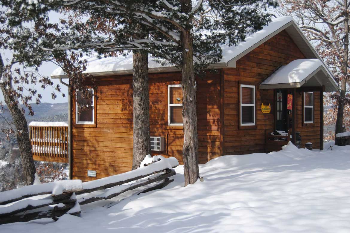 Ozark Mountain cabin in the snow